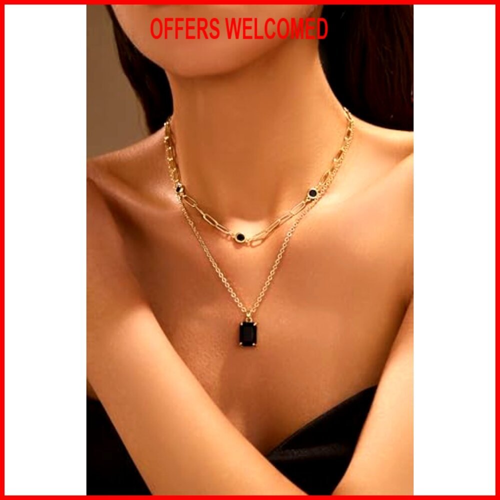 14k Gold Plated Rhinestone Choker Necklace, Layered Pendant Paperclip Design - Picture 3 of 8